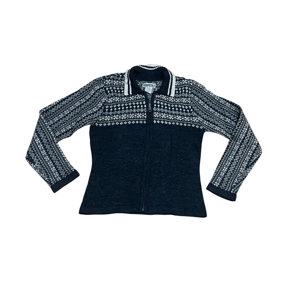 VTG Aeropostale M Wool Blend Fair Isle Full Zip Twee Cardigan Sweater Gray White
